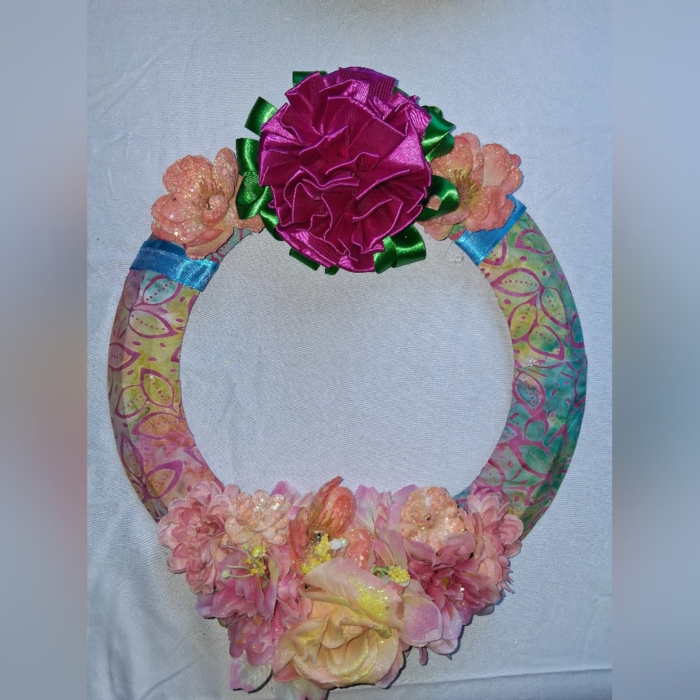 Rose and Batik 14in Handmade Wreath